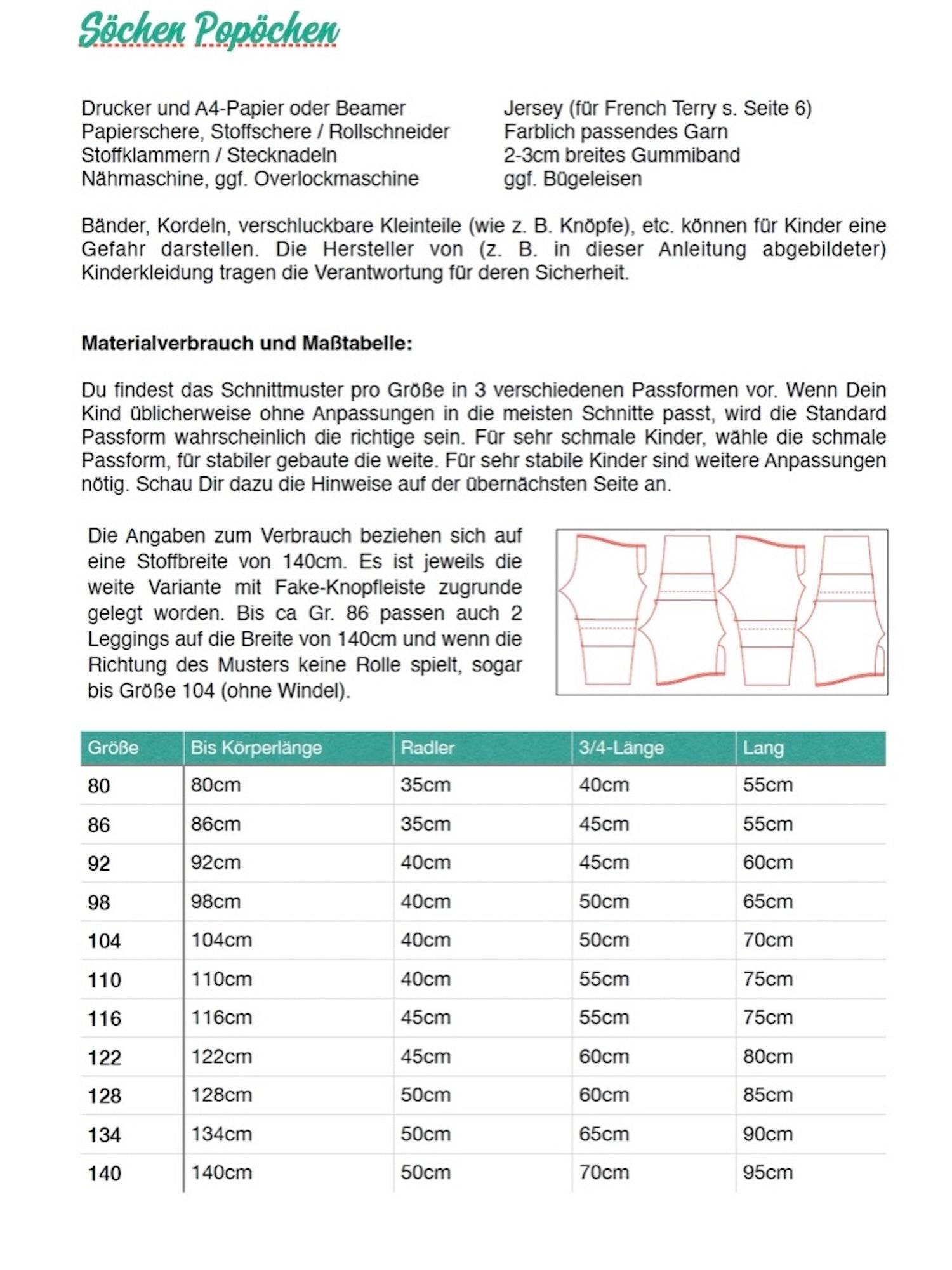 Schnittmuster Leggins Söchen Popöchen Gr. 80-140 - Sewando