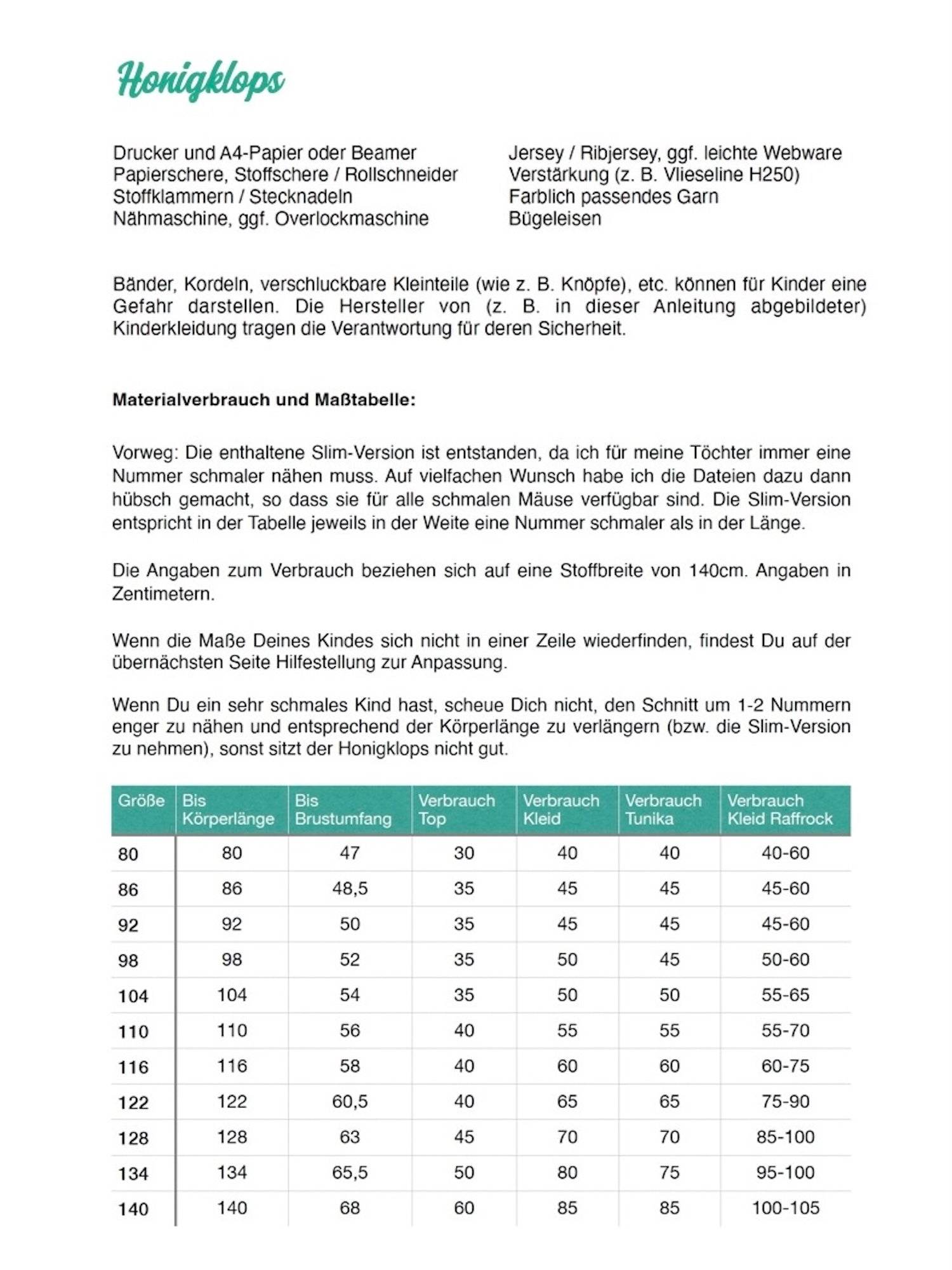 Schnittmuster Kleid und Top Honigklops Gr. 80-140 - Sewando