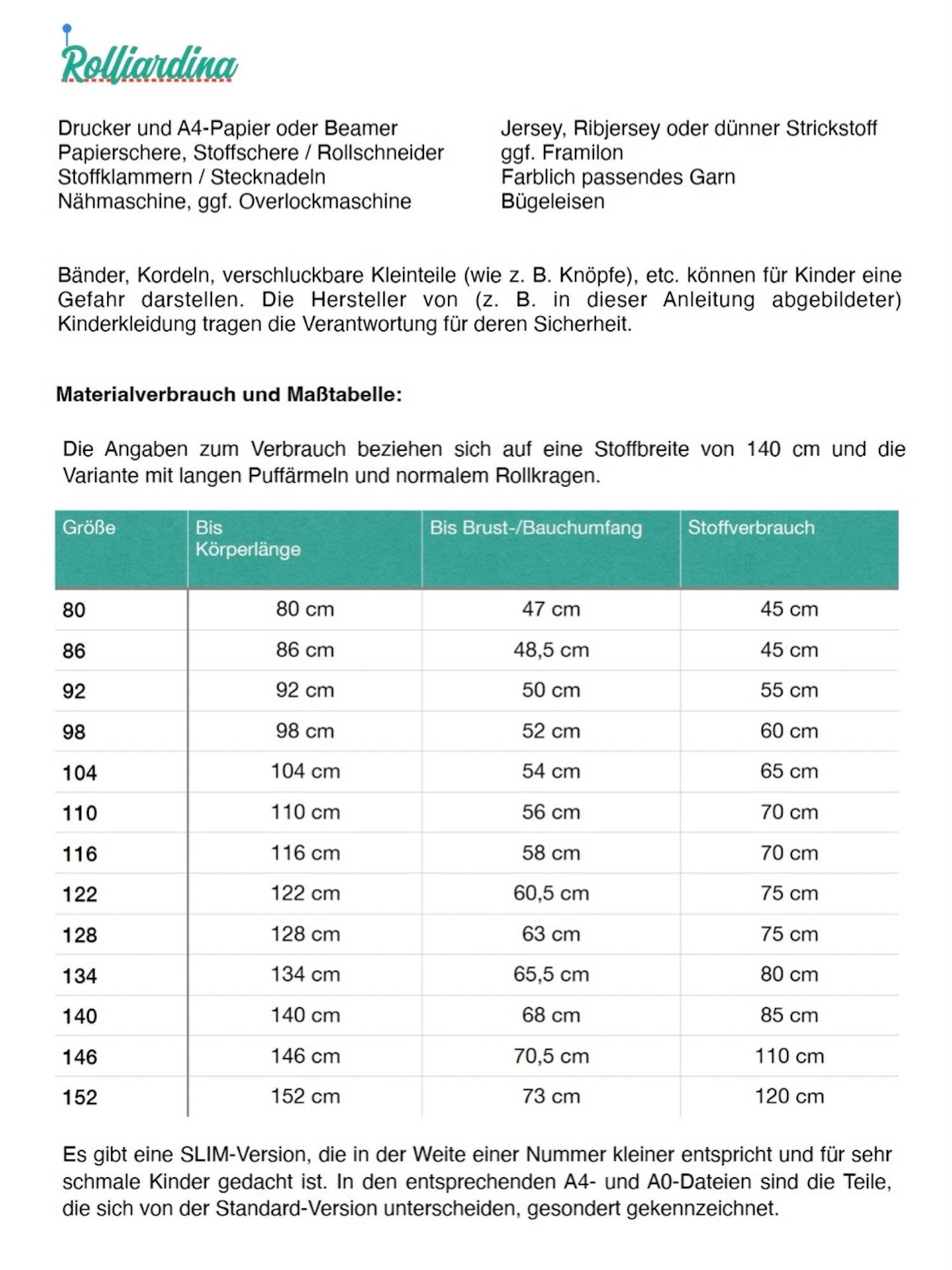Schnittmuster Pulli / Rolli Rolliardina Gr. 80-152 - Sewando