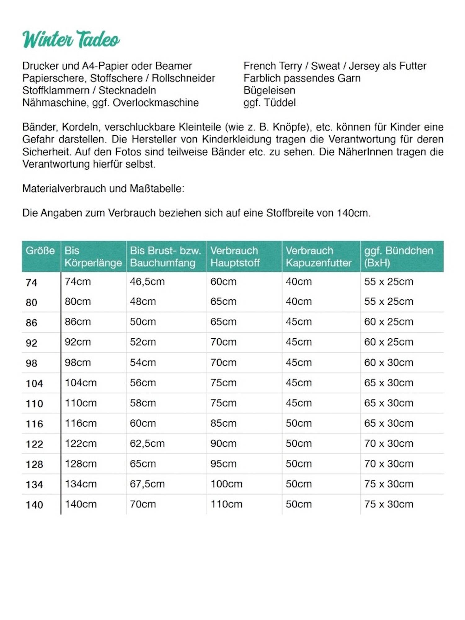 Schnittmuster Hoodie Winter-Tadeo Gr. 74-140 - Sewando