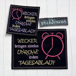 4x Stickdatei Wecker mit Spruch (deutsch) - Sewando