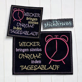 4x Stickdatei Wecker mit Spruch (deutsch) - Sewando