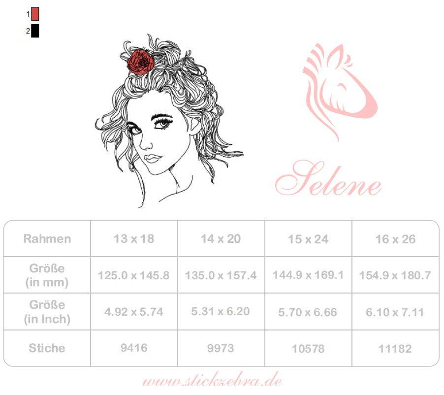 Doodle Frau „Selene“ Stickdatei – geheimnisvolle Schönheit mit Rosenkranz im Haar für deine Stickmaschine - Sewando