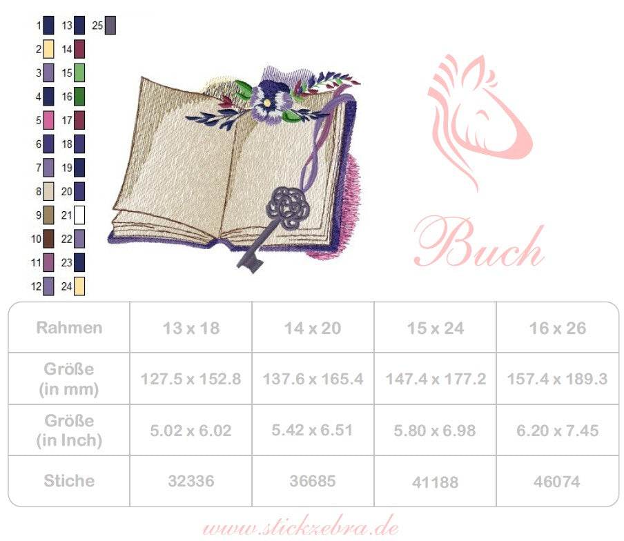 Buch Stickdatei – Florales Motiv mit Schlüssel für Leseknochen & Geschenke - Sewando
