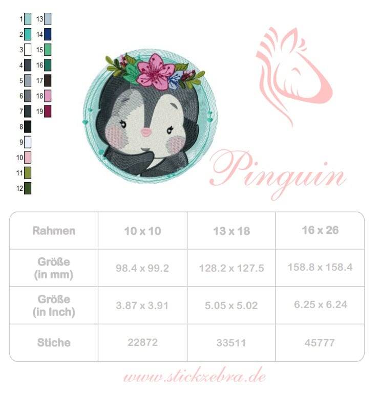 Pinguin mit Blumen Stickdatei – fröhliches Motiv für Kinderkleidung & Geschenke - Sewando