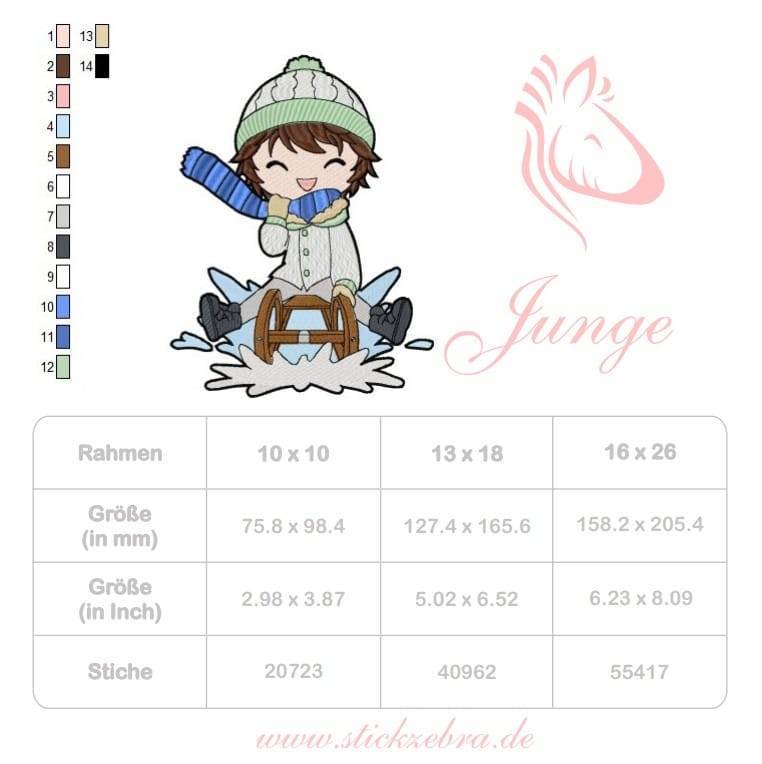 Schlittenjunge Stickdatei – fröhliches Wintermotiv für Kinder & Deko - Sewando