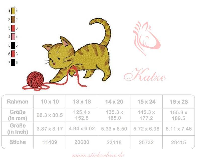Stickdatei spielende Katze mit Wollknäuel – süßes Motiv für Kinder und Tierfreunde - Sewando