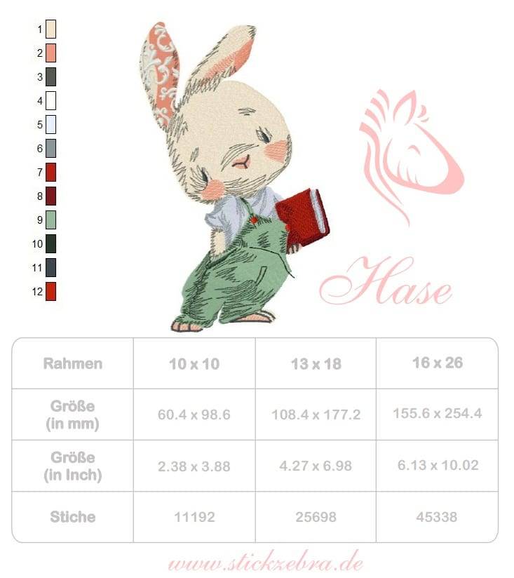 Stickdatei Hase mit Buch – süßes Motiv für Kinder & Schulanfang - Sewando