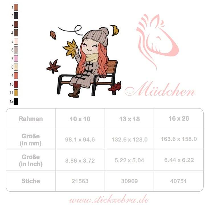 Stickdatei Herbstmädchen auf Bank – süßes Motiv mit fallenden Blättern für gemütliche Projekte - Sewando