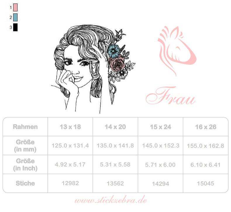 Doodle Frau Stickdatei – florale Eleganz trifft auf ein strahlendes Lächeln für deine Stickmaschine - Sewando