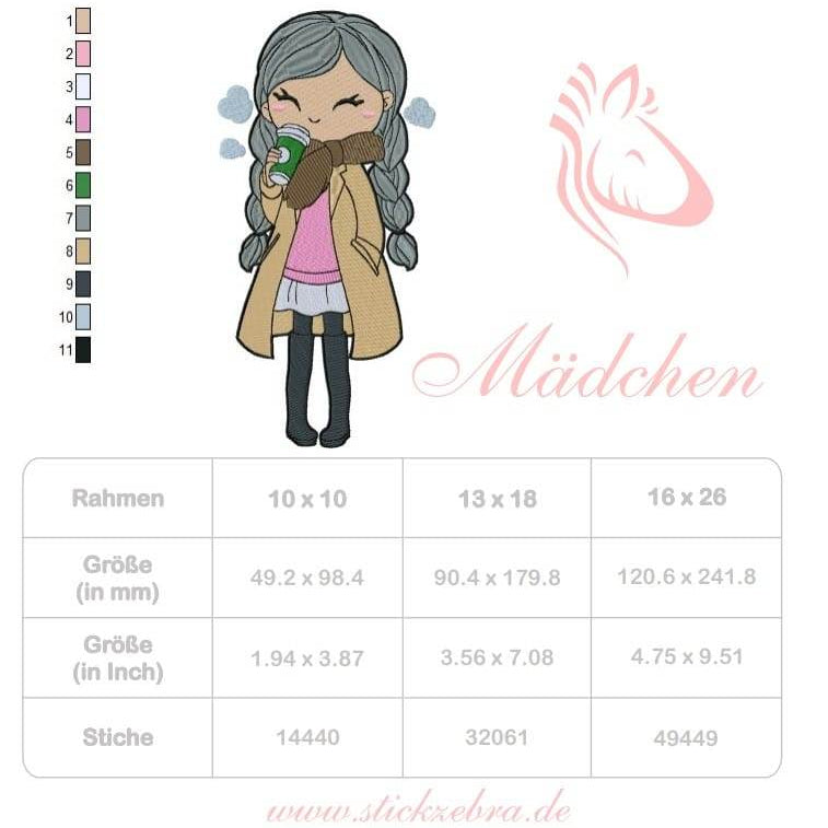 Mädchen mit Kaffee Stickdatei – warmes Herz für kalte Tage, für deine Stickmaschine - Sewando