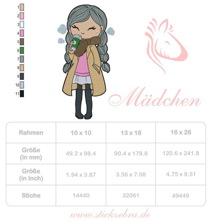 Mädchen mit Kaffee Stickdatei – warmes Herz für kalte Tage, für deine Stickmaschine - Sewando