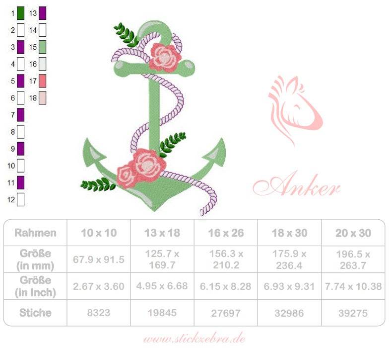 Anker Stickdatei – Maritimes Motiv mit Blumen und Seil - Sewando