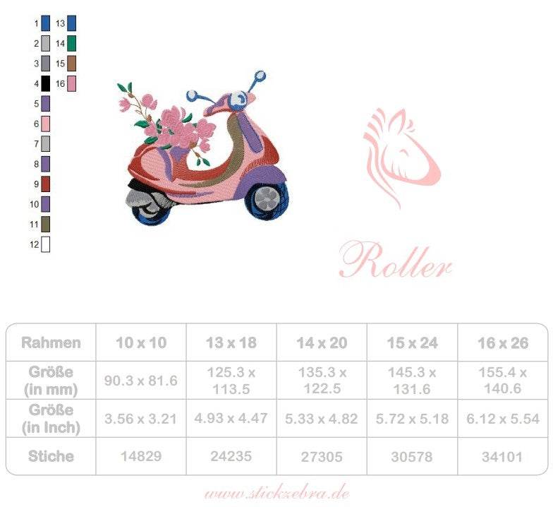 Roller Stickdatei – verspieltes Sommermotiv für Kleidung & Taschen - Sewando