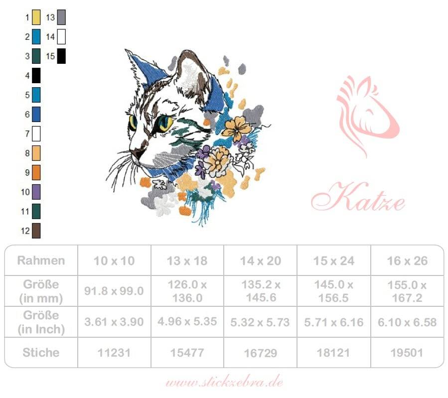 Katzenkopf mit floraler Umrahmung im Doodle-Stil für deine Stickmaschine - Sewando