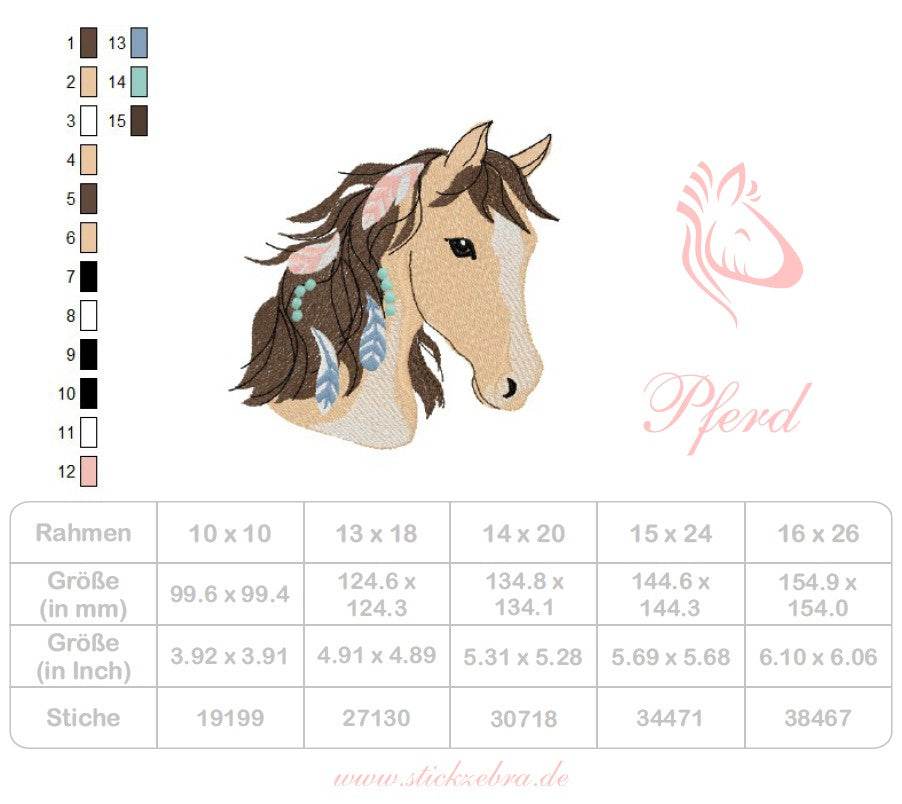 Pferd Stickdatei – edles Pferdeportrait mit Federn für deine Stickmaschine - Sewando