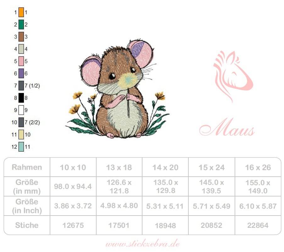 Maus Stickdatei – niedliches Tiermotiv mit Blümchen für deine Stickmaschine - Sewando
