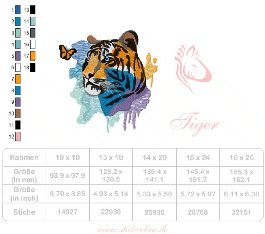 Tiger Stickdatei – wild, bunt und majestätisch für deine Stickmaschine - Sewando