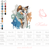 Bunte Aquarellkatze mit liebevollen Details – Stickdatei für deine Stickmaschine - Sewando