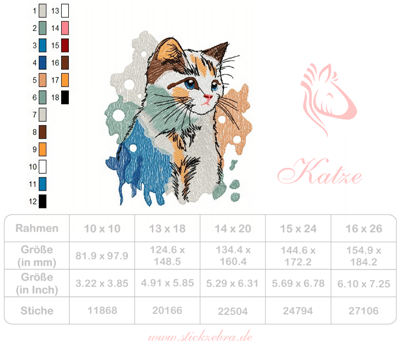 Bunte Aquarellkatze mit liebevollen Details – Stickdatei für deine Stickmaschine - Sewando
