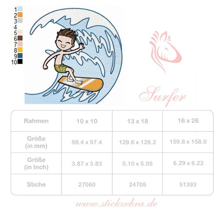 Surfer Stickdatei – cooles Sommermotiv für Kinder & Strandprojekte - Sewando