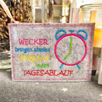 4x Stickdatei Wecker mit Spruch (deutsch) - Sewando
