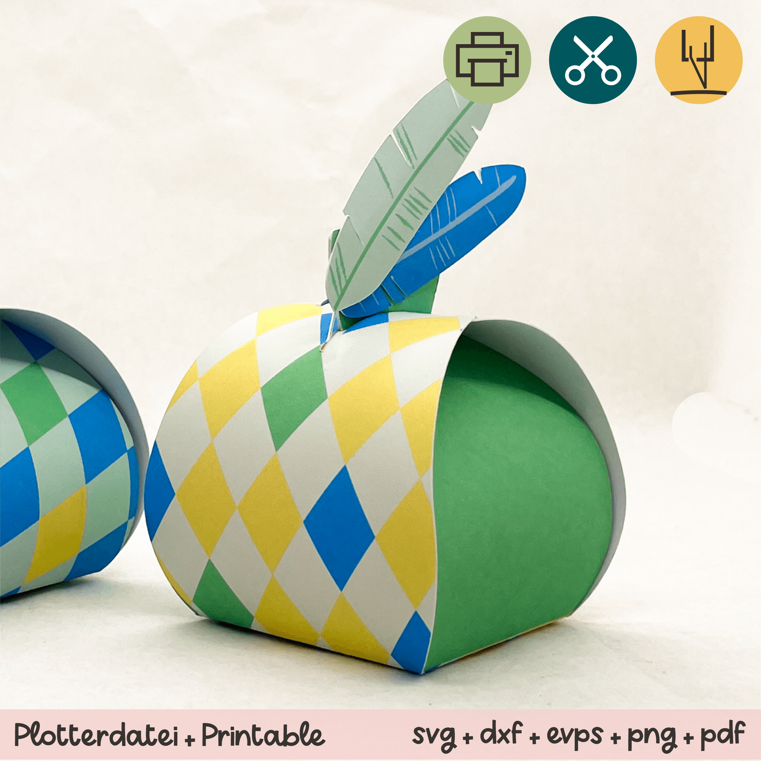 Geschenkbox Ostern Rauten gelb / grün Federn - Printable für Schere oder Plotter - Sewando