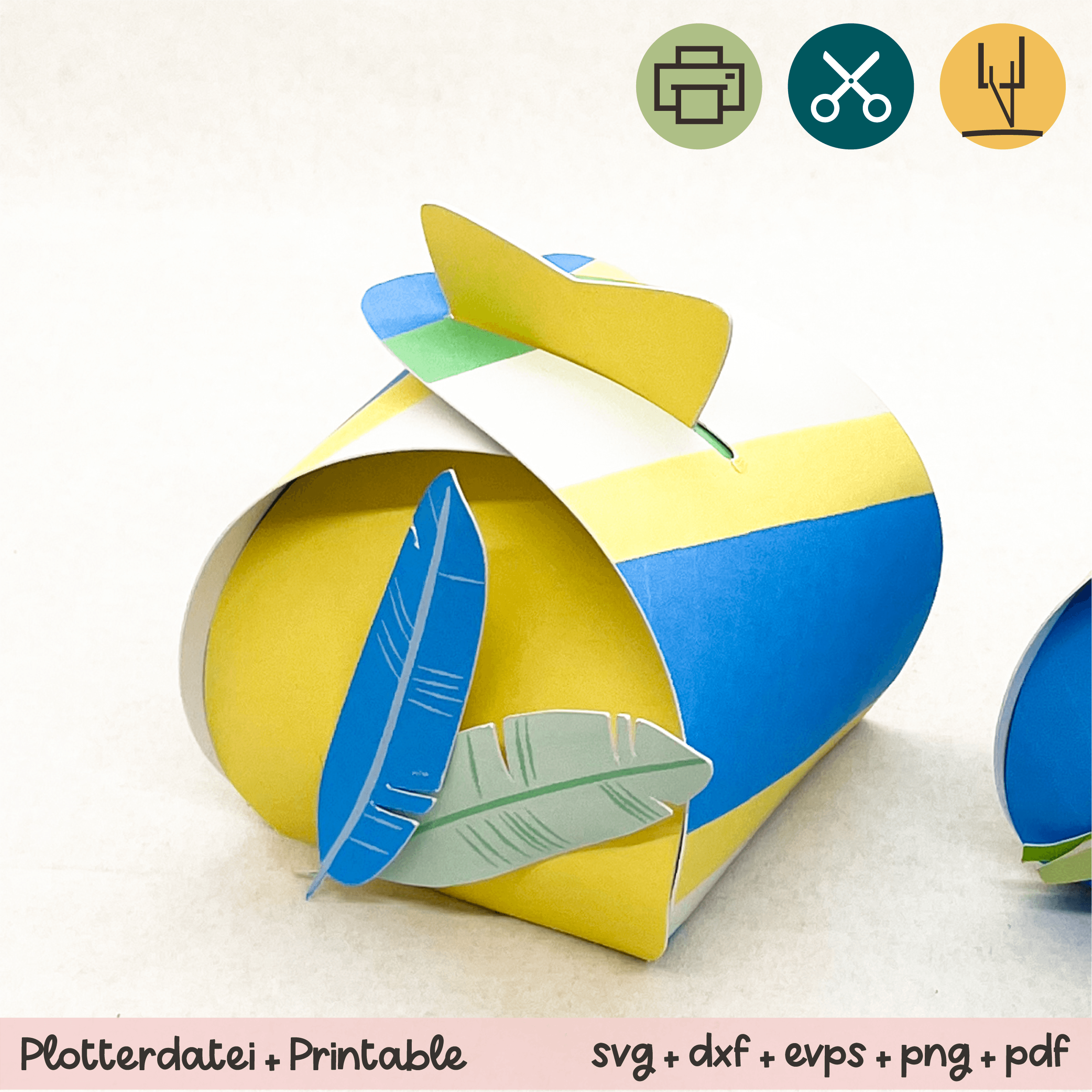 Geschenkbox Ostern Streifen blau / gelb mit Federn - Printable für Schere oder Plotter - Sewando