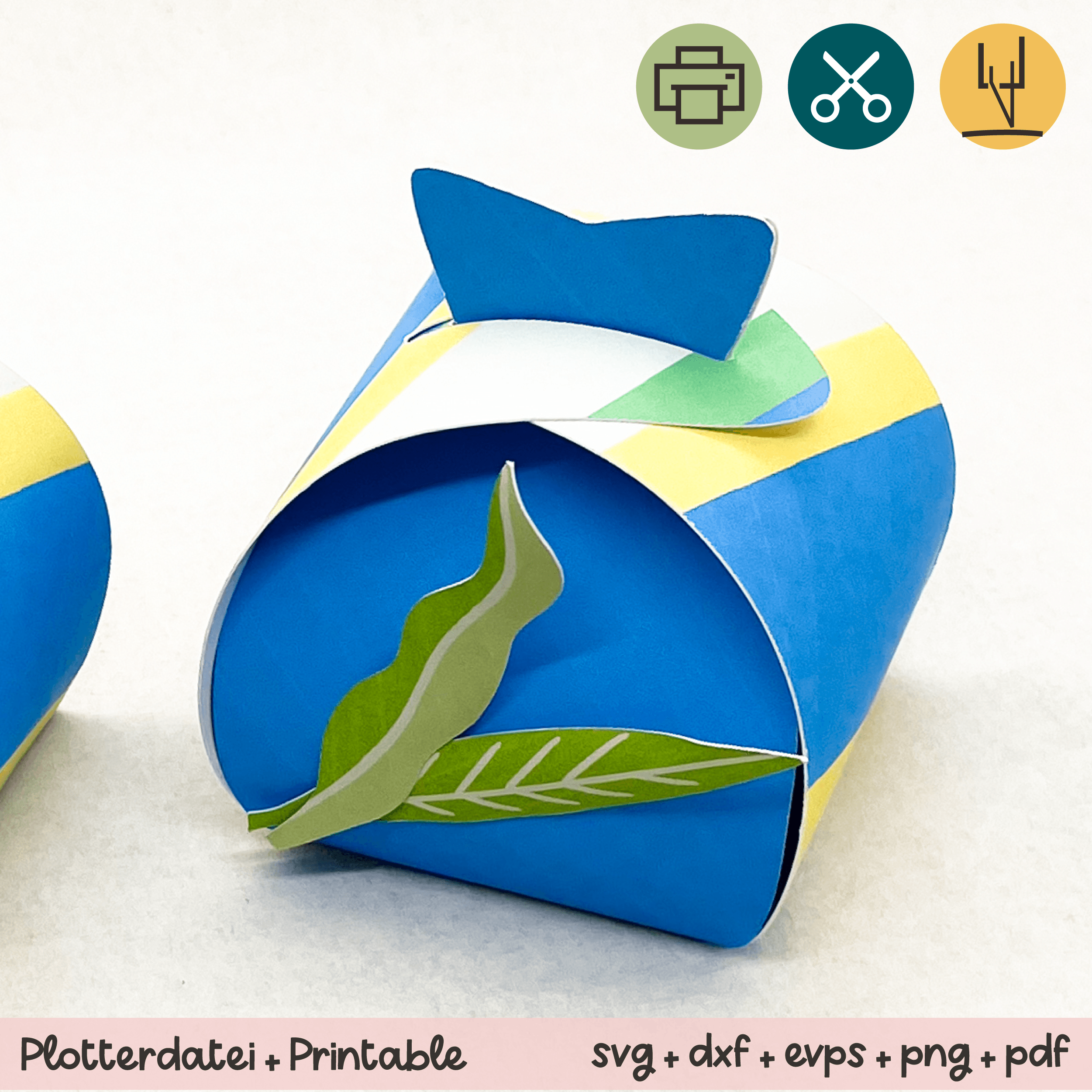 Geschenkbox Ostern Steifen blau / gelb mit Blättern - Printable für Schere oder Plotter - Sewando