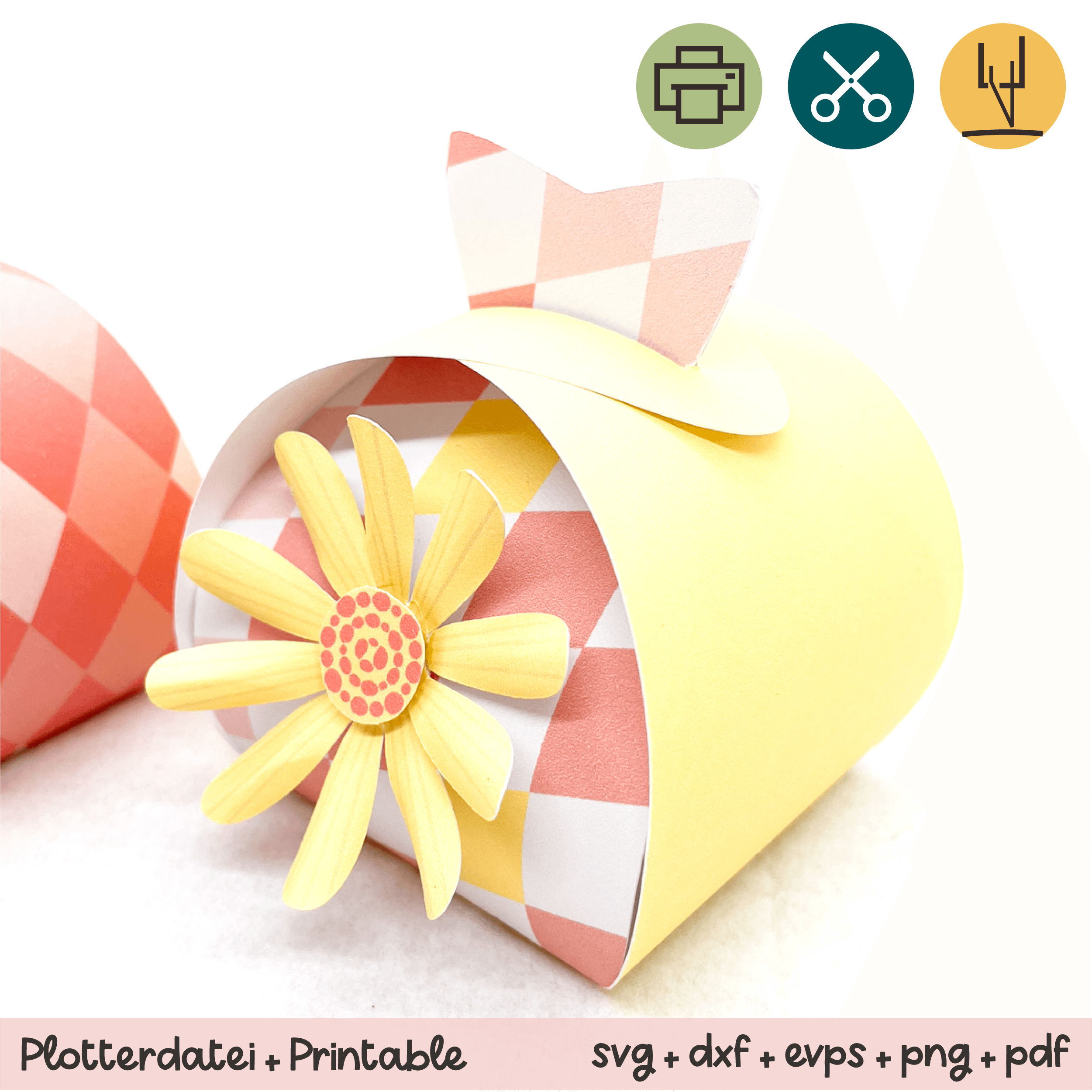 Geschenkbox gelb mit Blume - Printable für Schere oder Plotter - Sewando