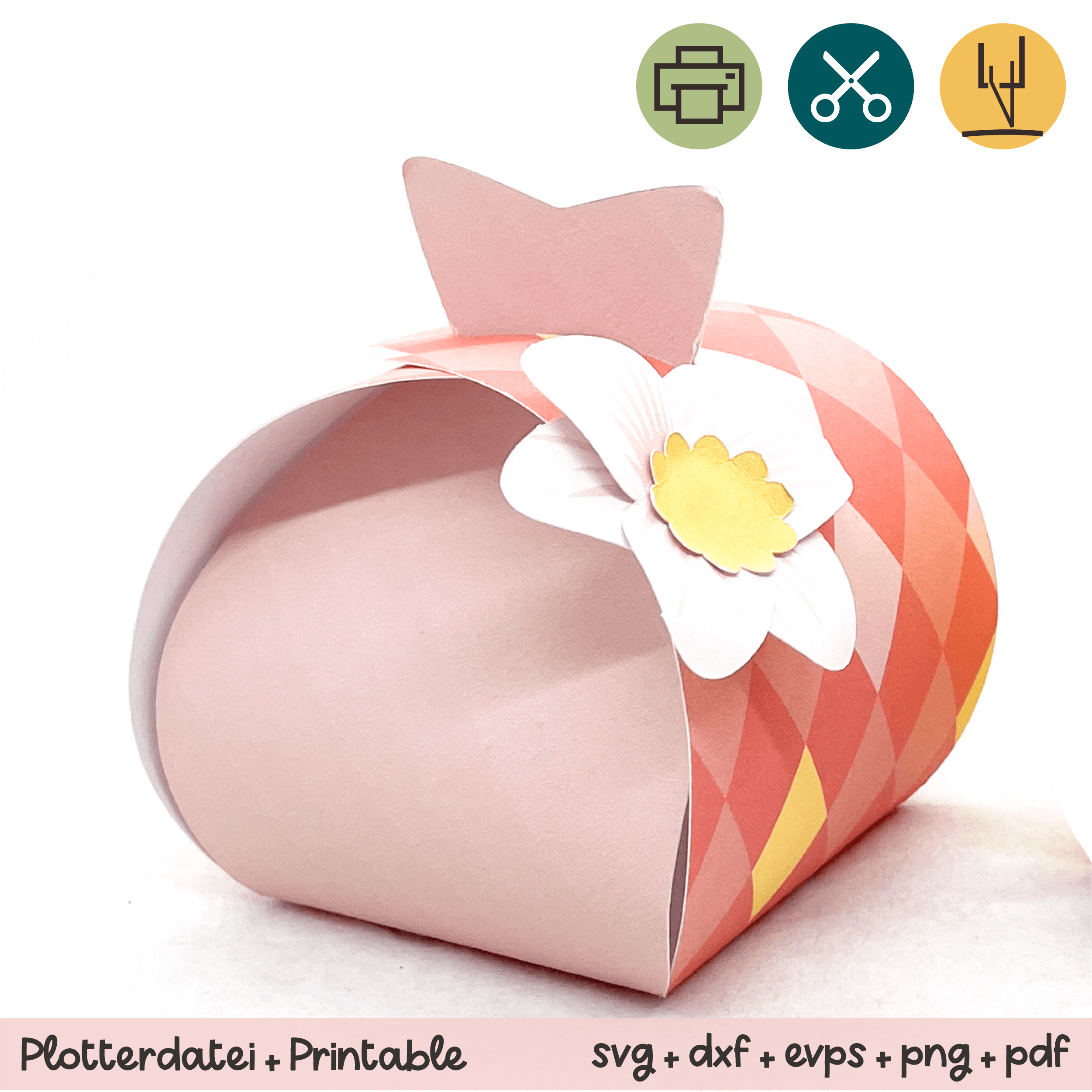Geschenkbox Ostern Rauten rot / rosa mit Blume - Printable für Schere oder Plotter - Sewando