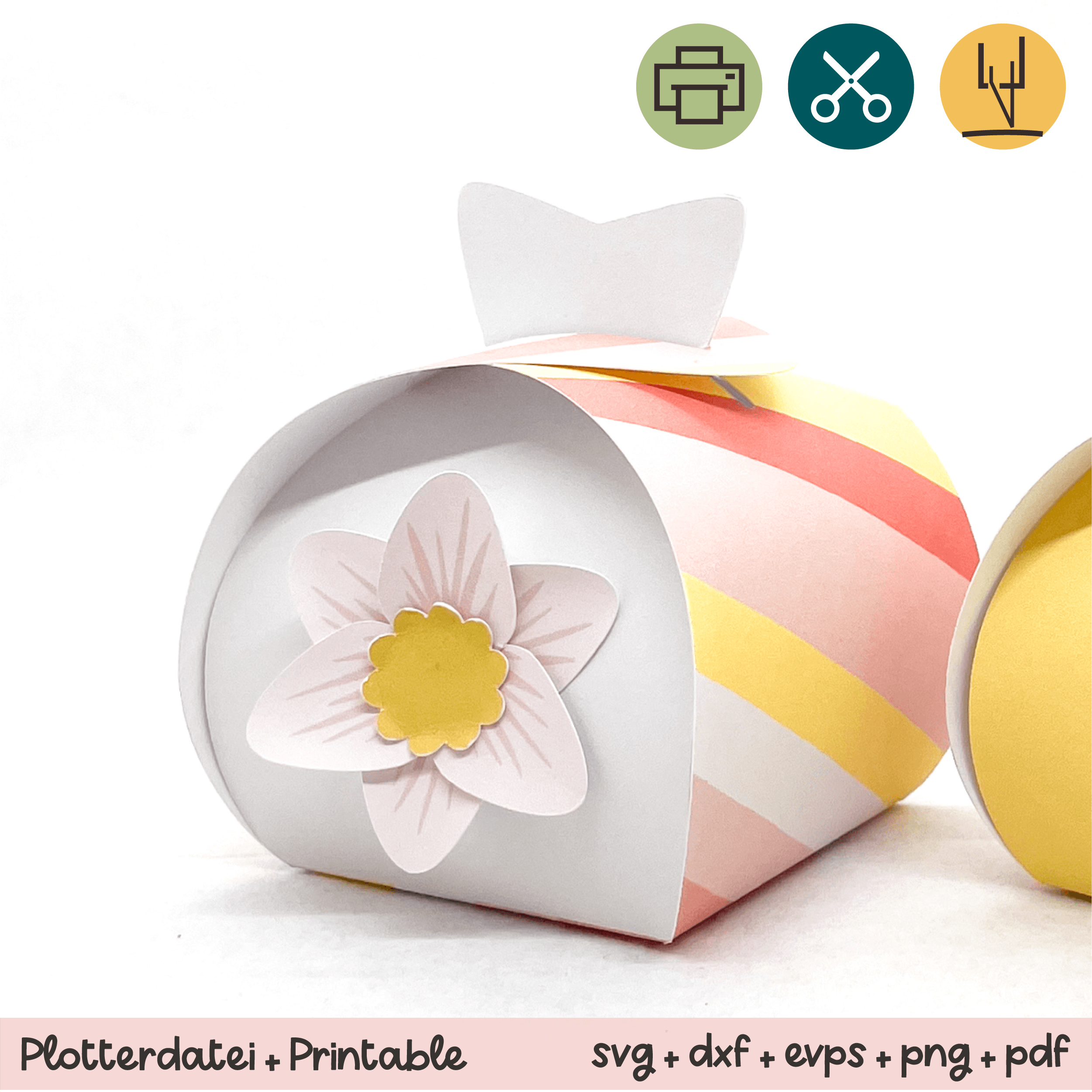 Geschenkbox Streifen rot / rosa / weiß mit Blume - Printable für Schere oder Plotter - Sewando