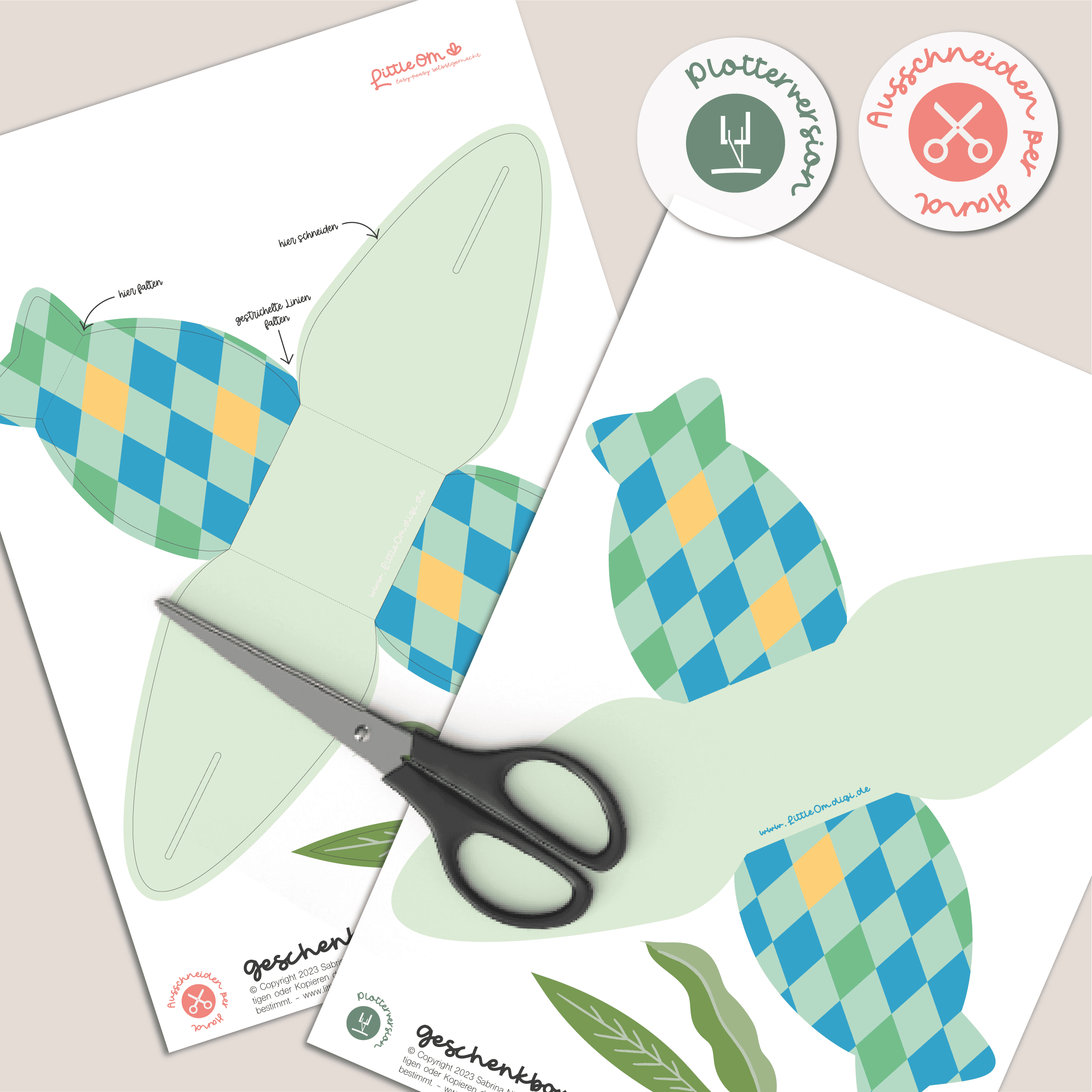 Geschenkbox Ostern Rauten blau / grün mit Blättern - Printable für Schere oder Plotter - Sewando