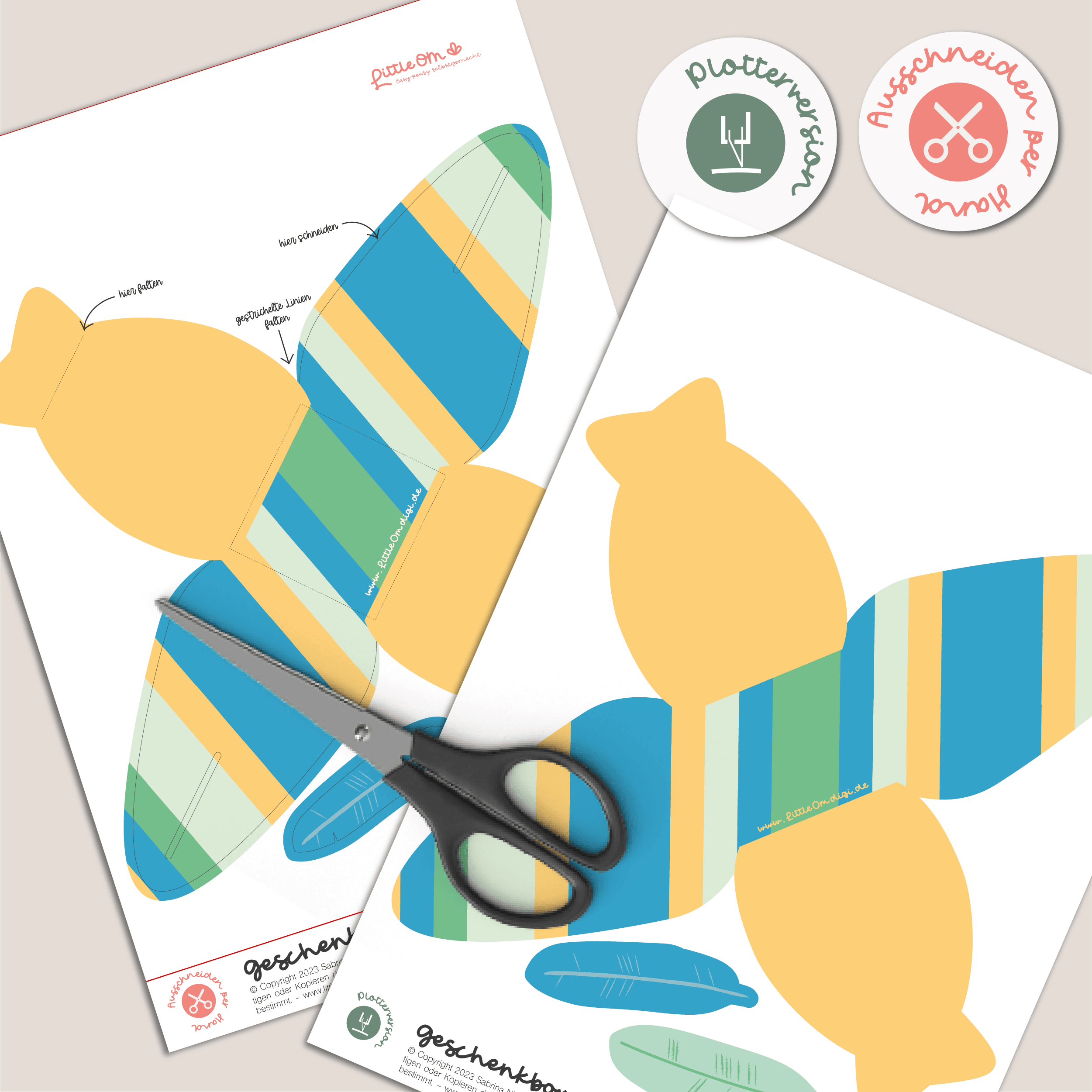 Geschenkbox Ostern Streifen blau / gelb mit Federn - Printable für Schere oder Plotter - Sewando