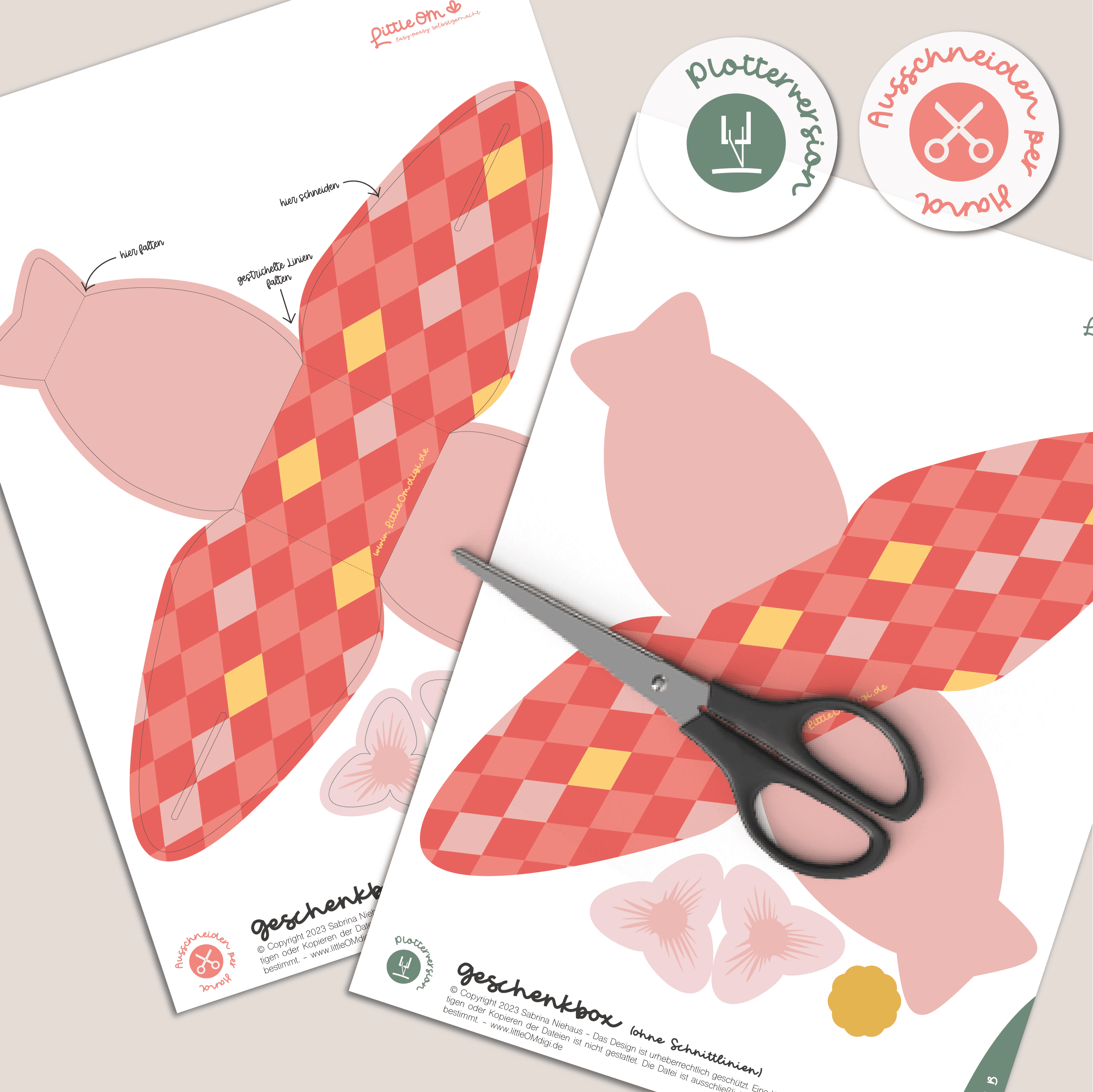 Geschenkbox Ostern Rauten rot / rosa mit Blume - Printable für Schere oder Plotter - Sewando