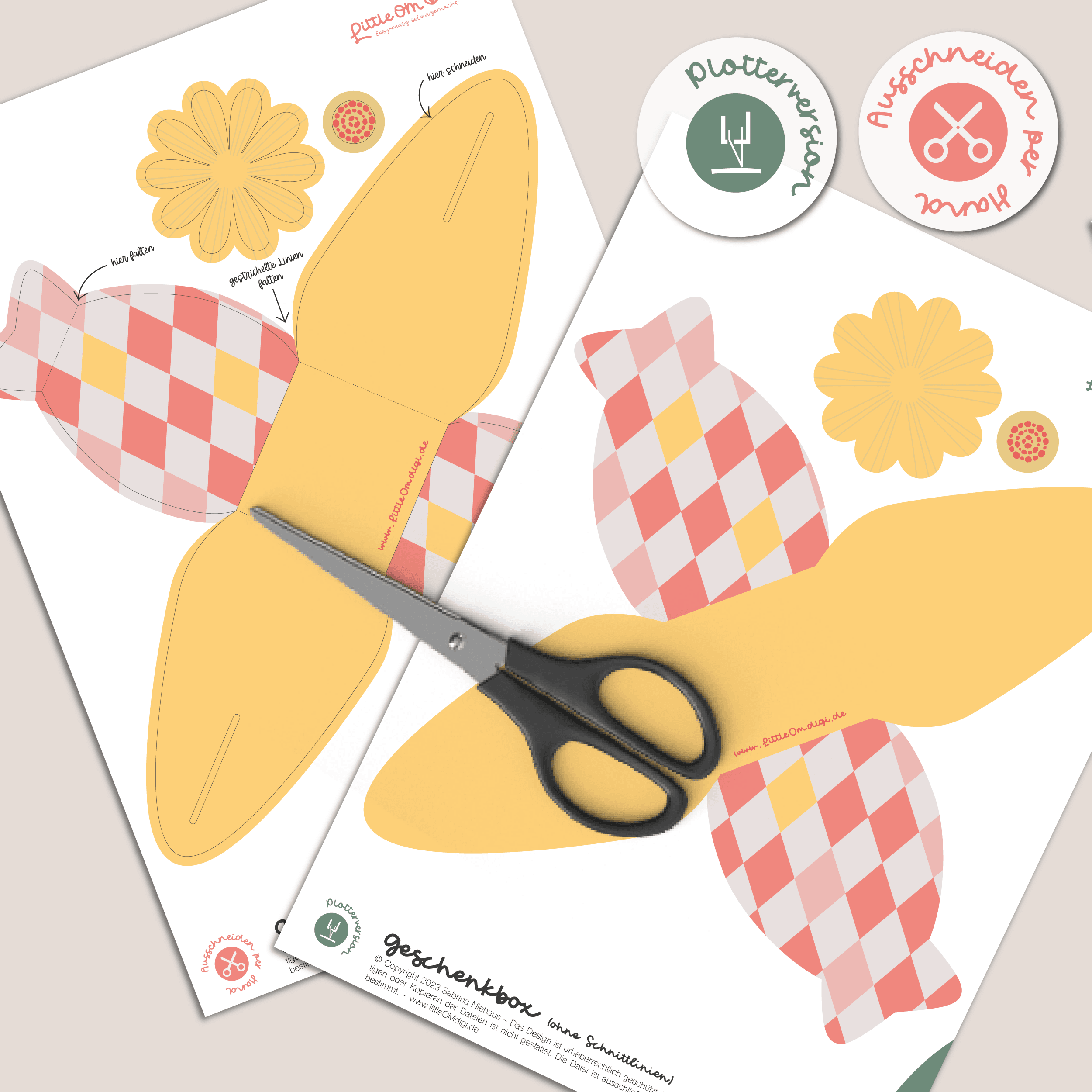 Geschenkbox gelb mit Blume - Printable für Schere oder Plotter - Sewando