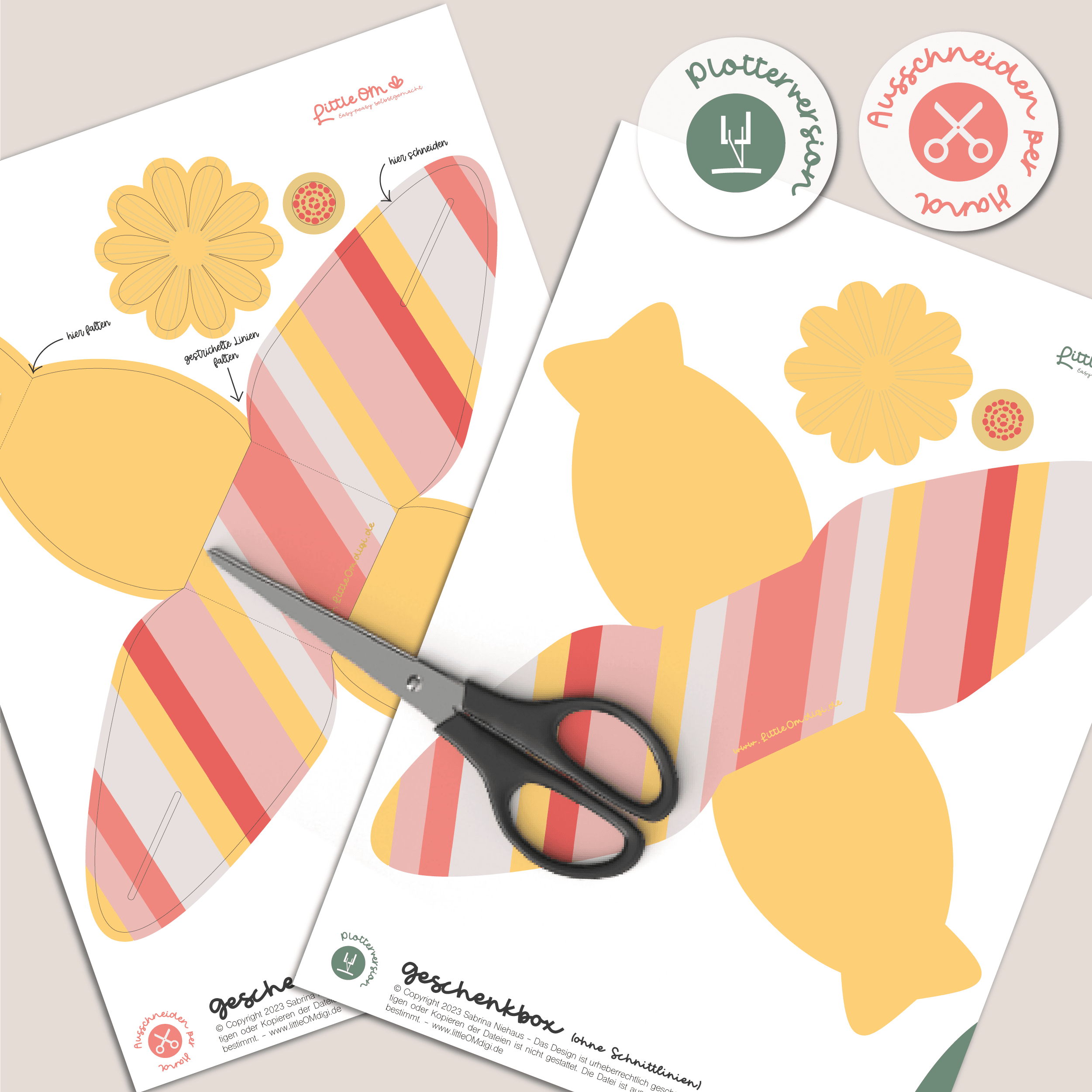 Geschenkbox Streifen mit Blume - Printable für Schere oder Plotter - Sewando