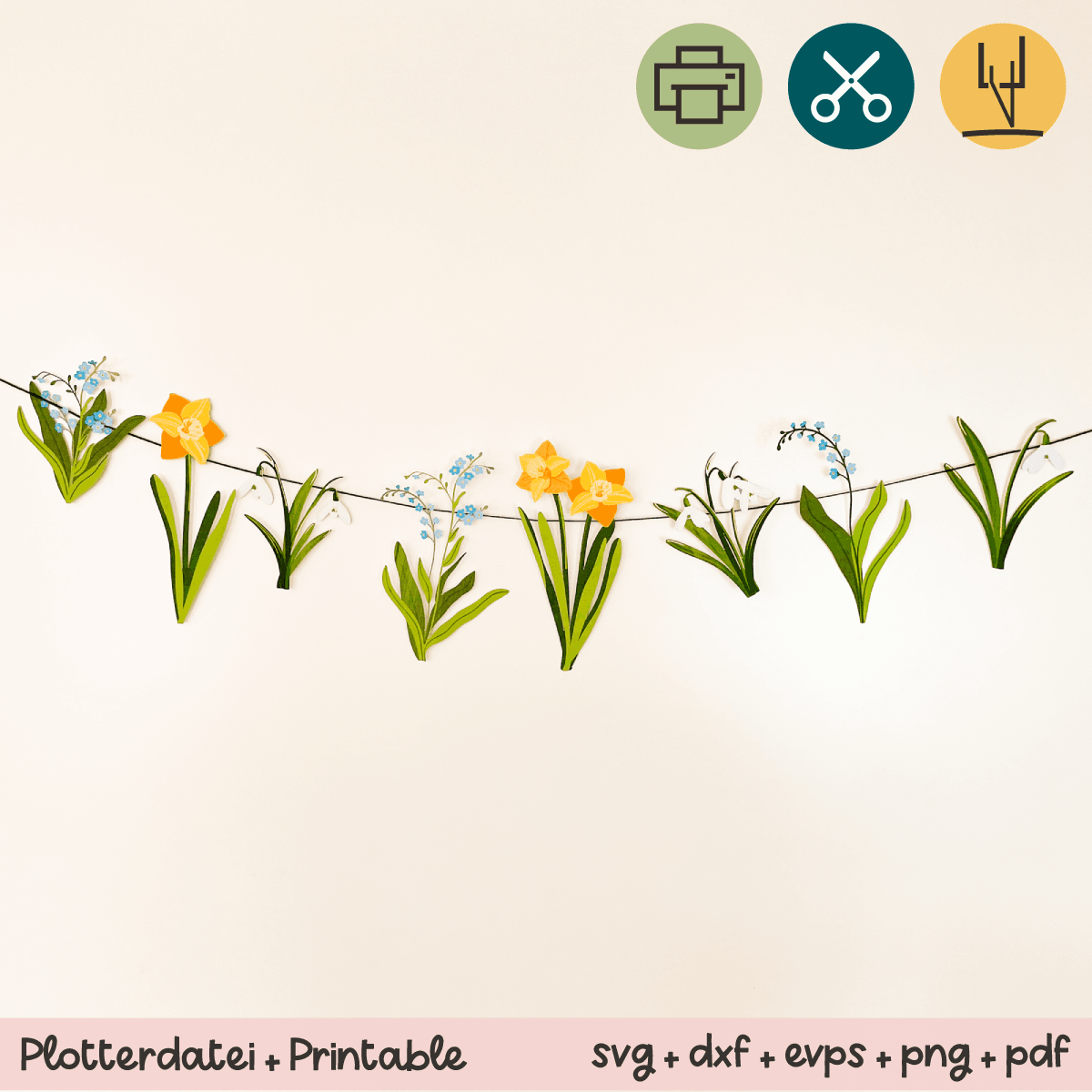 Girlande aus Frühlingsblumen - Printable inkl. Plotterdatei - Sewando