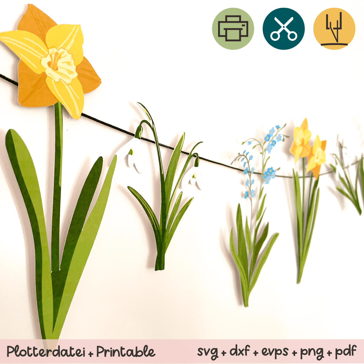 Girlande aus Frühlingsblumen - Printable inkl. Plotterdatei - Sewando