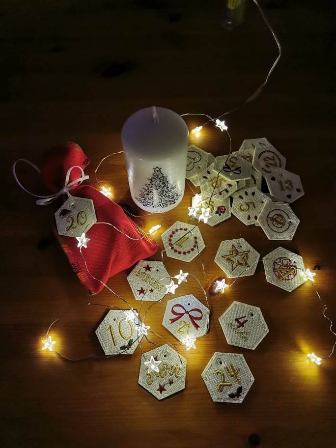 Stickdatei - 6-Eck Zahlenanhänger 1-25 für Adventskalender - Sewando