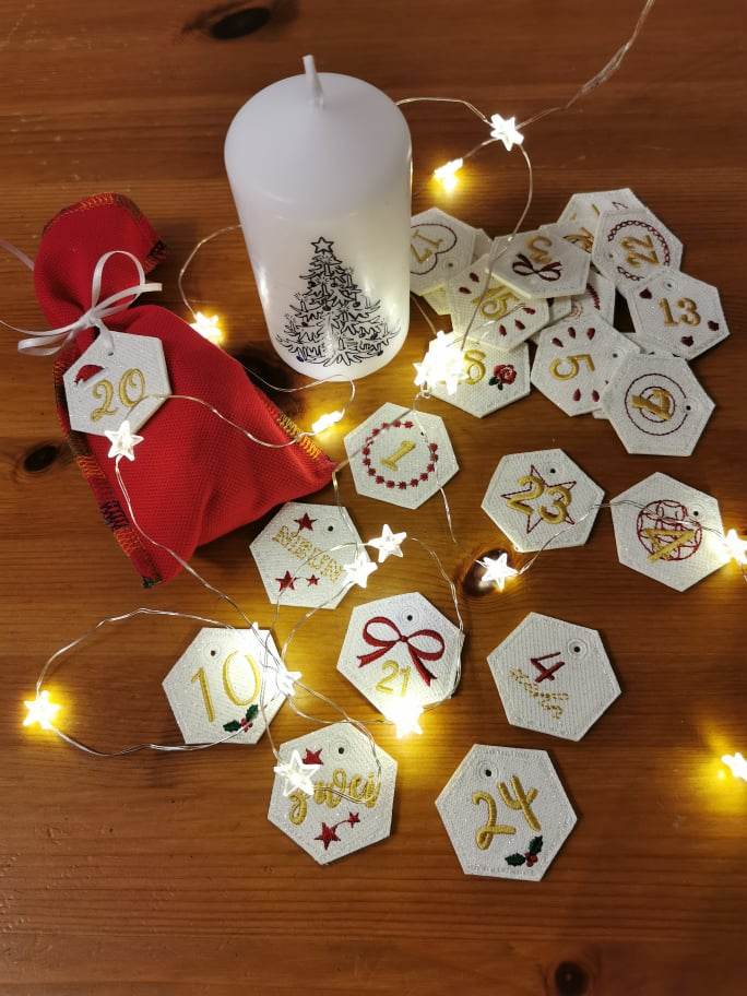 Stickdatei - 6-Eck Zahlenanhänger 1-25 für Adventskalender - Sewando