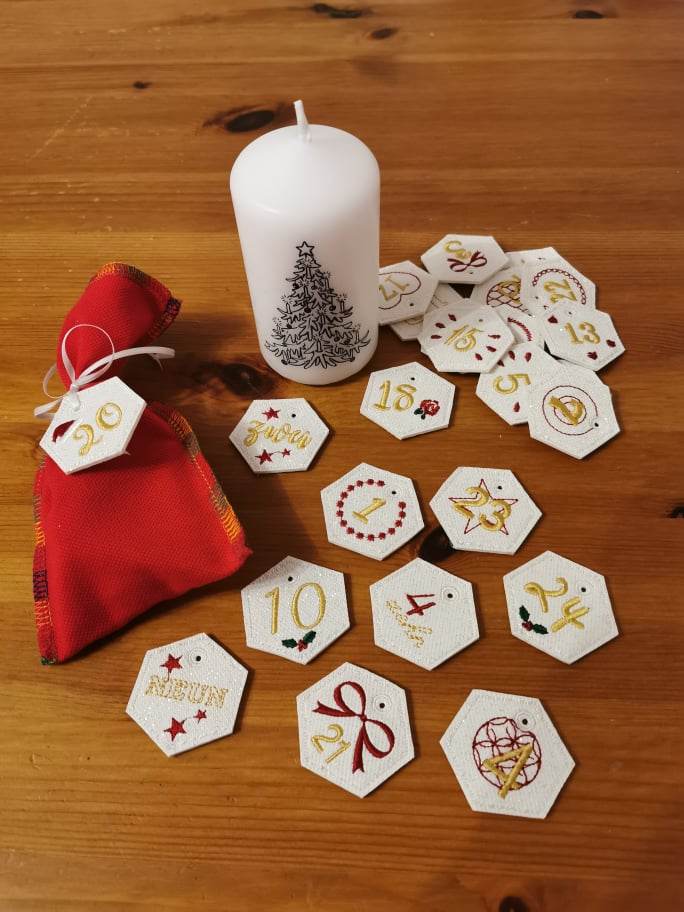 Stickdatei - 6-Eck Zahlenanhänger 1-25 für Adventskalender - Sewando