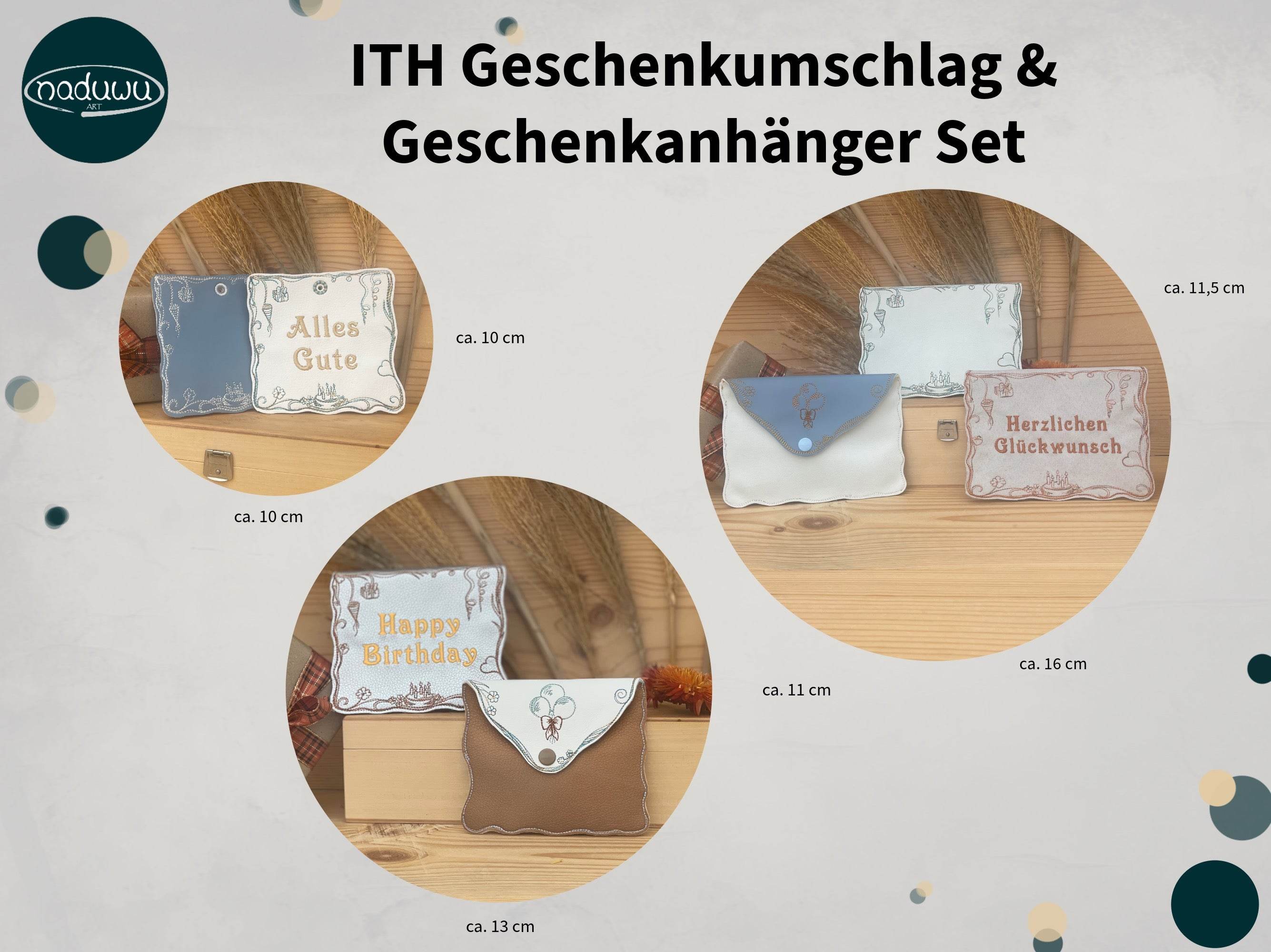 ITH Stickdatei Geburtstag Set 3 Größen, ITH Geschenkumschlag & Geschenkanhänger - Sewando