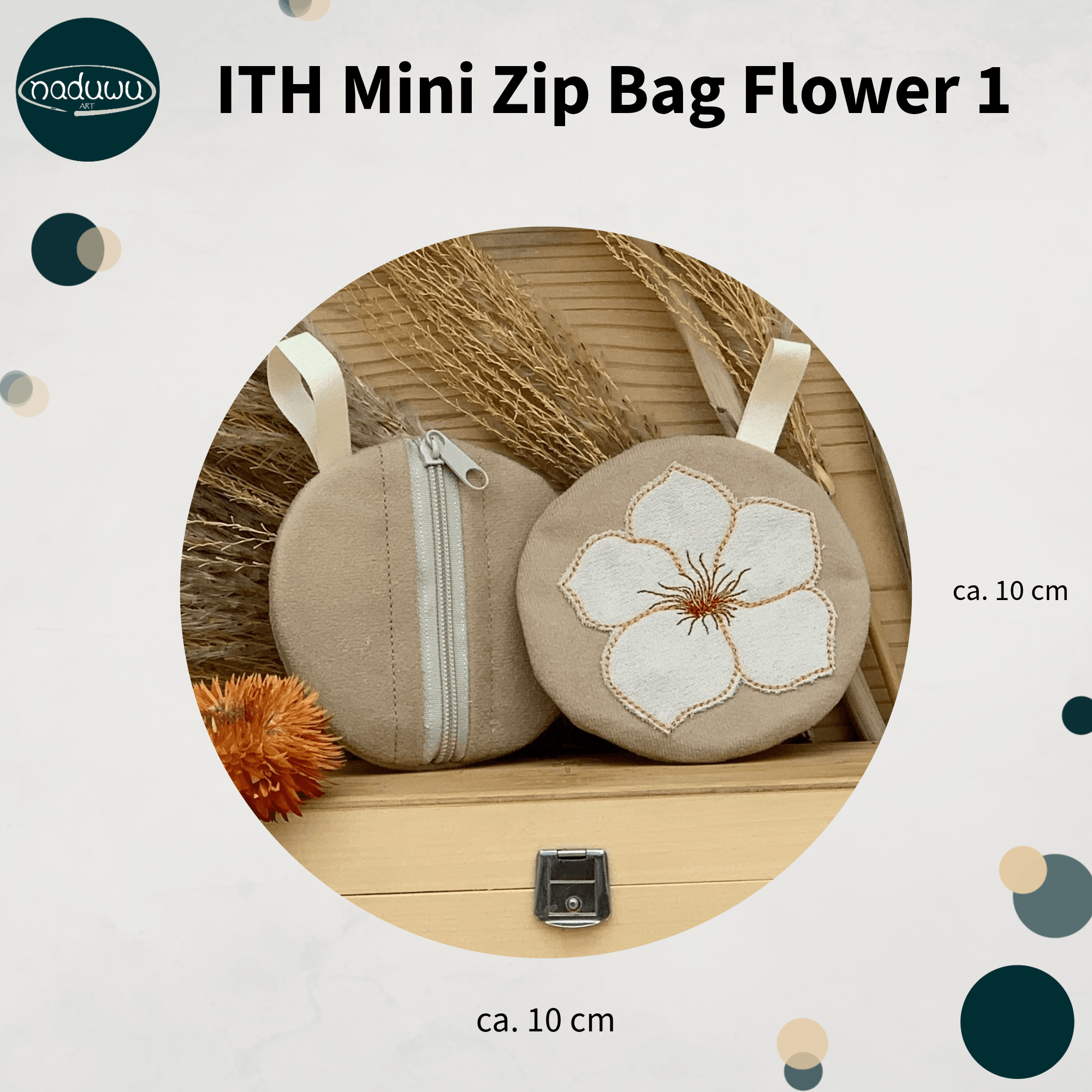 Stickdatei Tasche 10x10 mit Blume, ITH Mini Zip Bag Flower 2 - Sewando