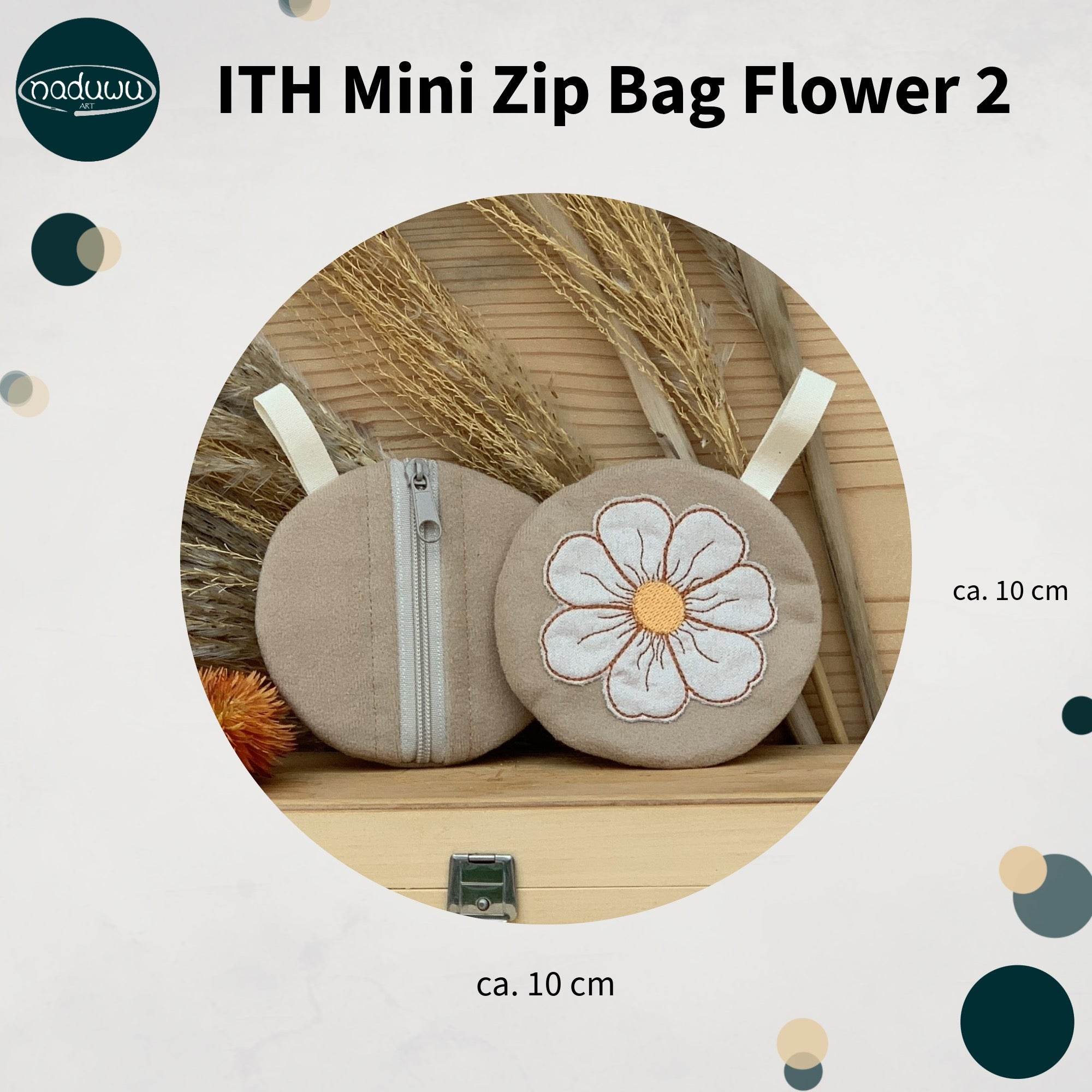 Stickdatei Tasche 10x10 mit Blume, ITH Mini Zip Bag Flower 1 - Sewando