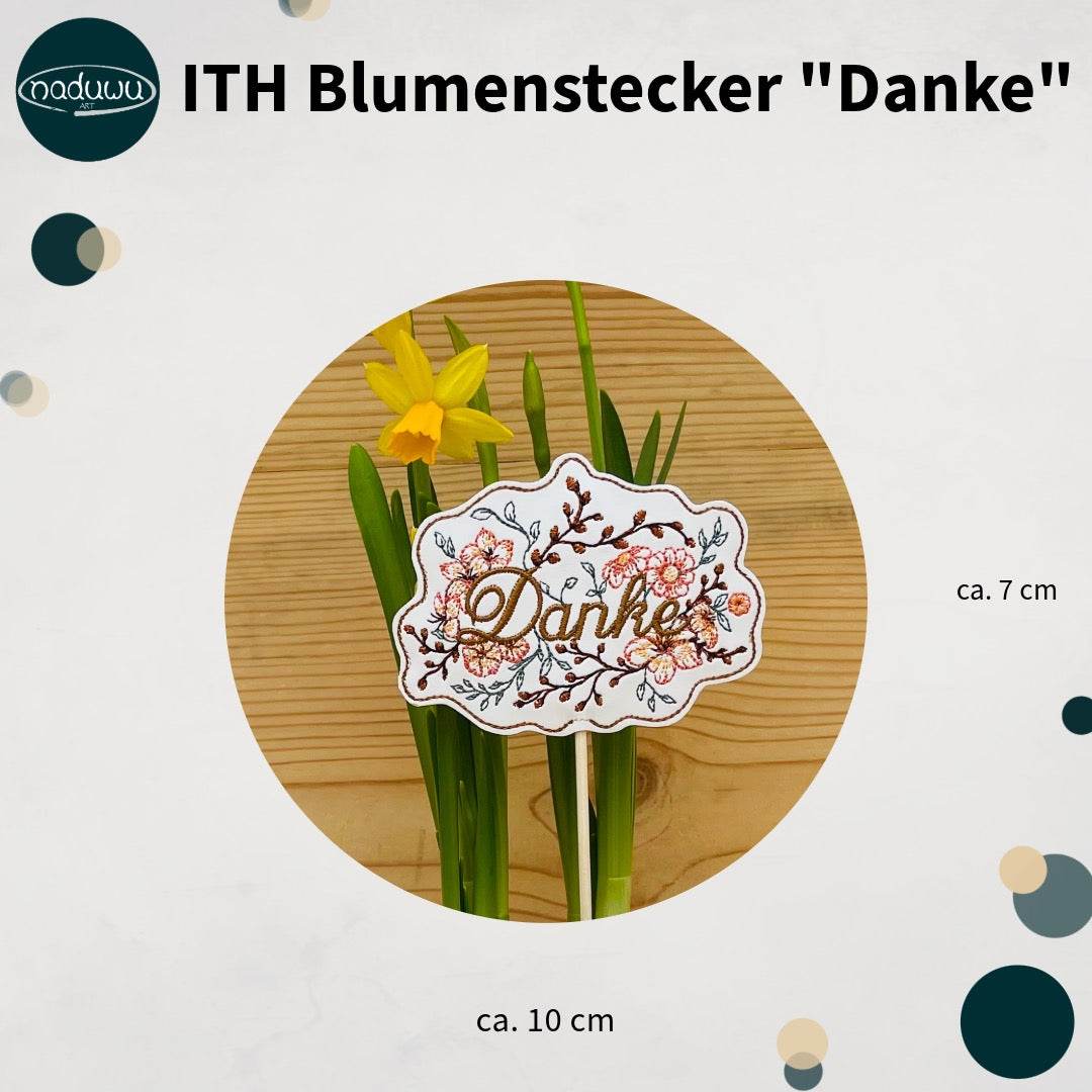 Stickdatei Blumenstecker 10x10 ITH Danke, In The Hoop Pflanzenstecker - Sewando