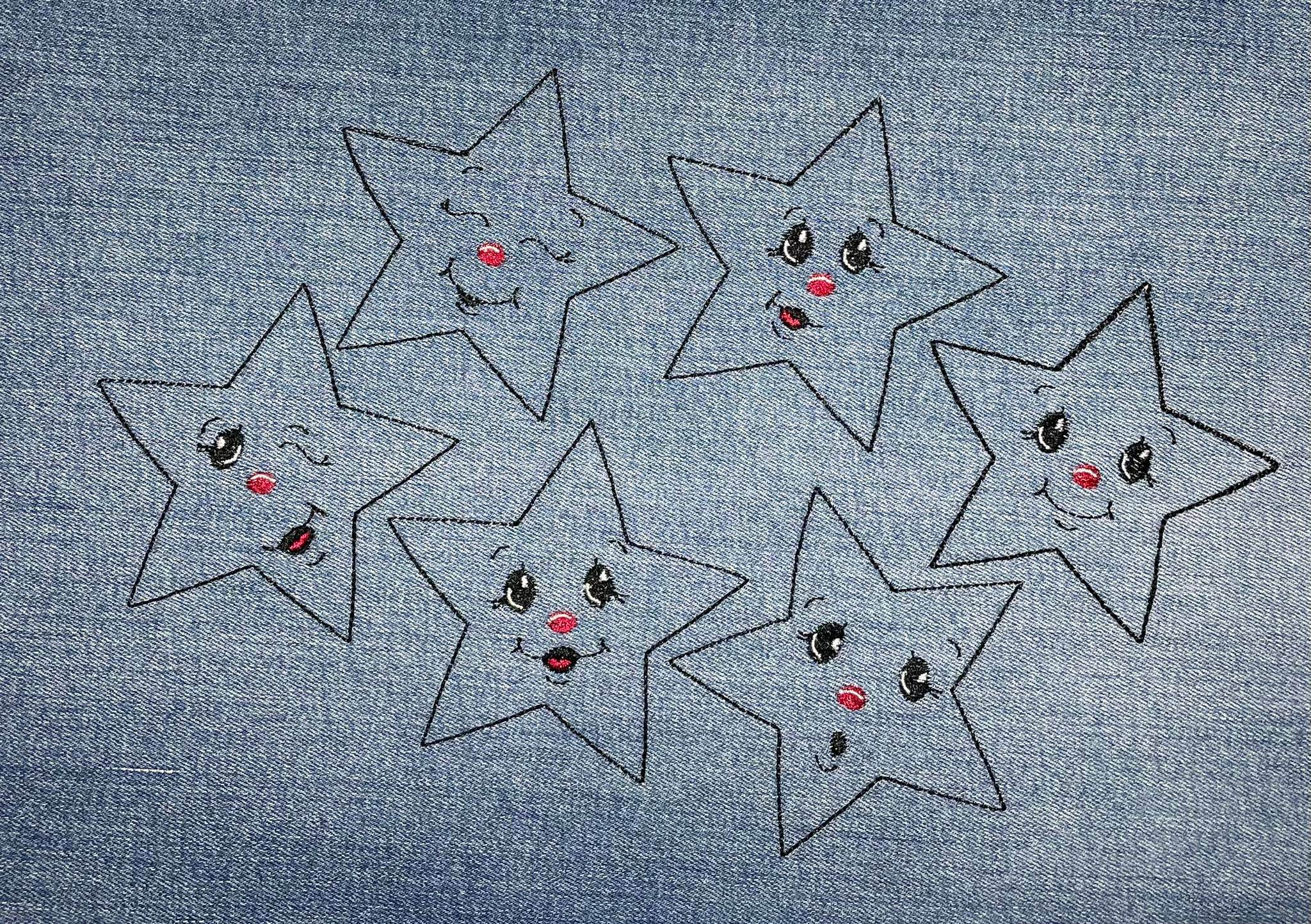 Stickdatei - 6 Sterne mit Gesicht (ITH und Doodle) - Sewando