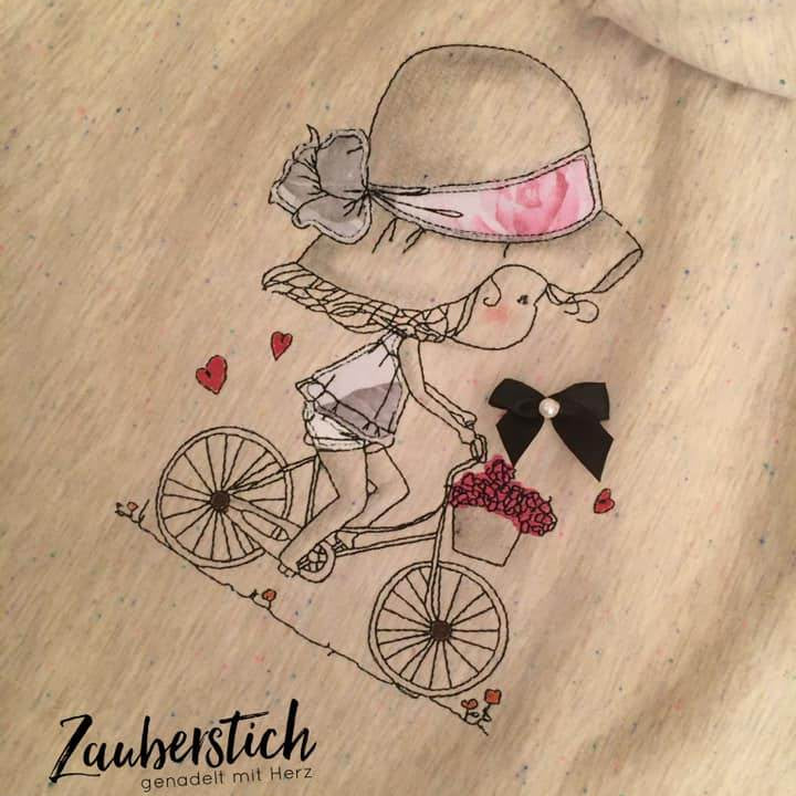 Doodle Mädchen auf Fahrrad Stickdatei – verspielter Frühlingszauber für deine Stickmaschine - Sewando