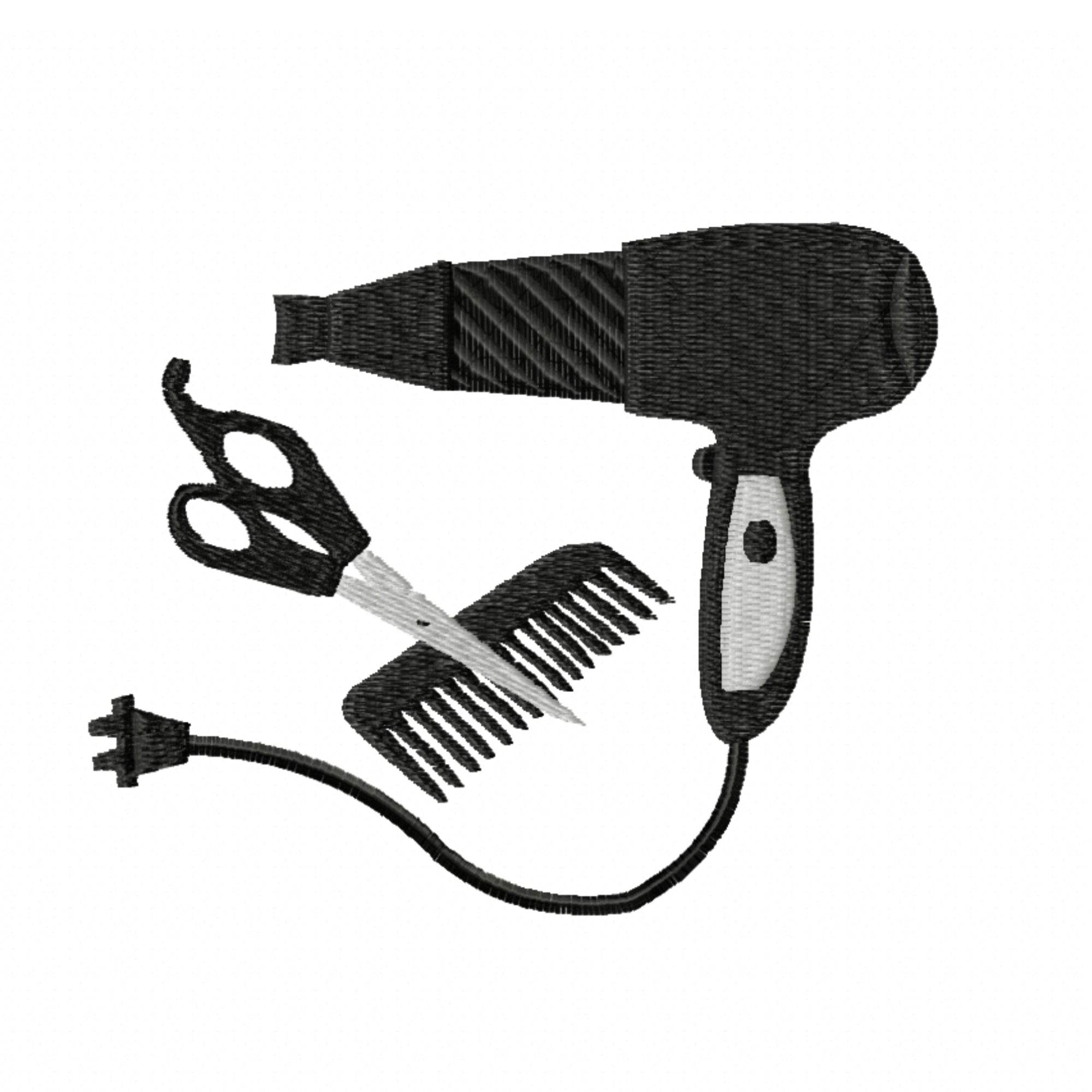 Stickdatei Friseur, zwei Größen, Rahmen 10 cm x 10 cm, Fön, Haare, Schere, Kamm - Sewando