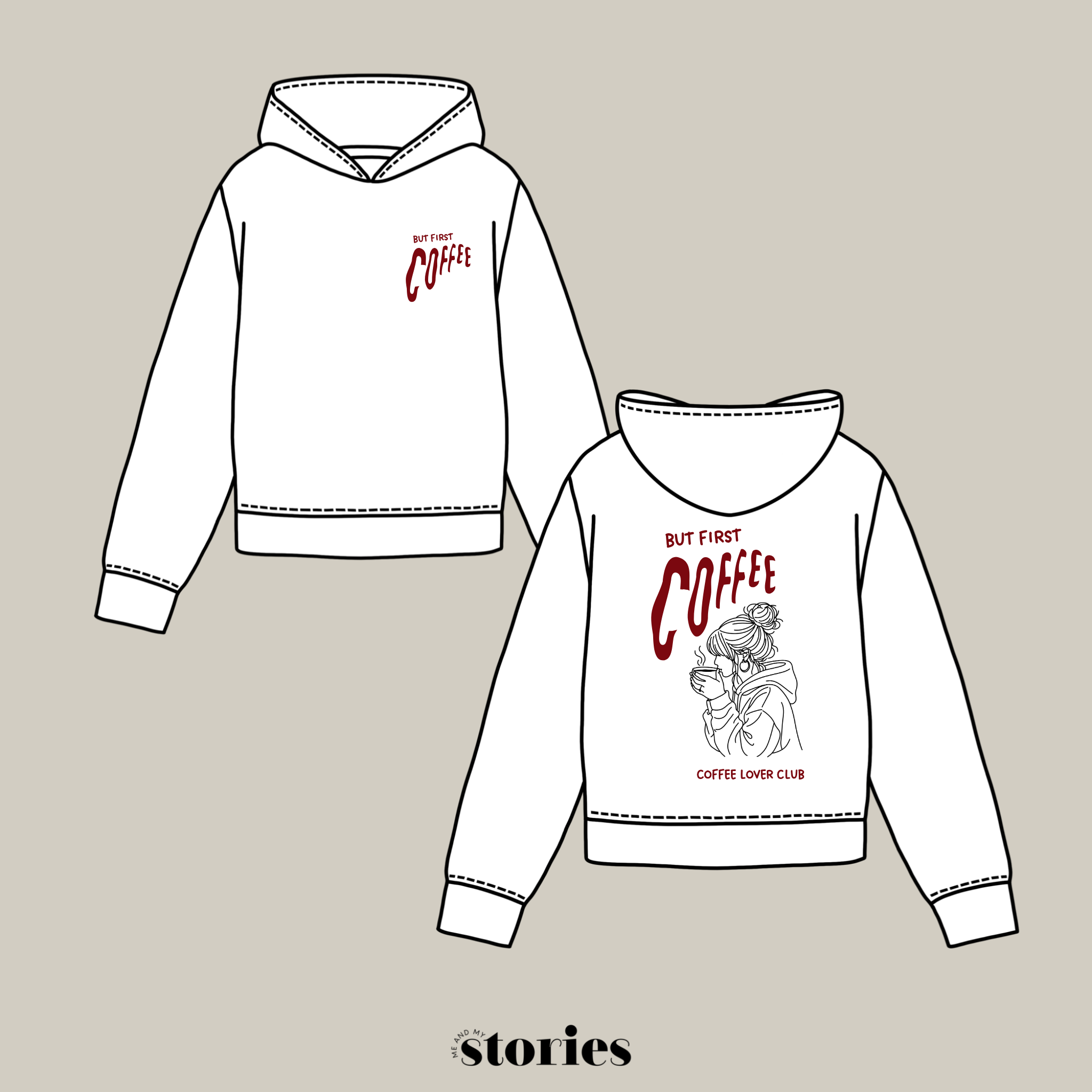 Plotterdatei „But First Coffee“ mit Line-Art Illustration einer Frau mit Kaffeetasse und Schriftzug „Coffee Lover Club“